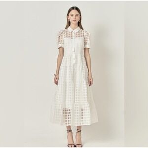 New English Factory Gridded Organza Tiered Maxi Dress Puff Sleeve Sz L Feminine